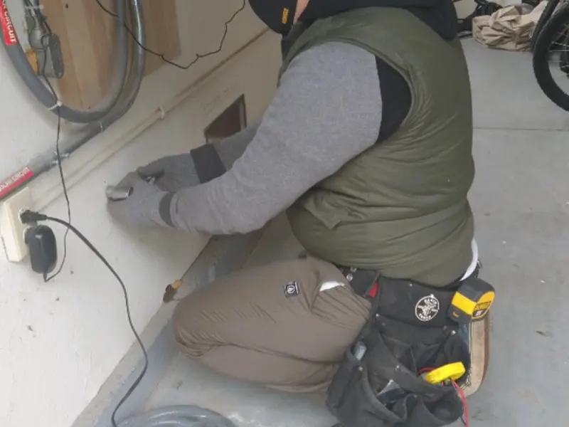 Electrician performing outlet wiring in a Belle Plaine garage